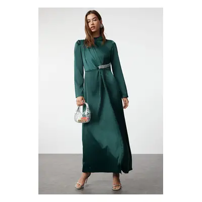 Trendyol Emerald Green Stone Belted Long Satin Woven Evening Dress