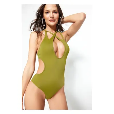 Trendyol Khaki Halterneck Swimwear with Cut Out/Windows, Regular Leg