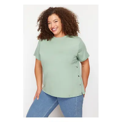 Trendyol Curve Mint Green Button Detailed 100% Cotton Knitted T-shirt