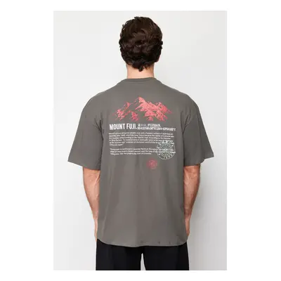 Trendyol Anthracite Oversize Printed Embroidered 100% Cotton T-Shirt