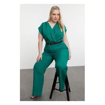 Trendyol Curve Emerald Green Belted Double Breasted Collar Plus Size Woven Jumpsuit