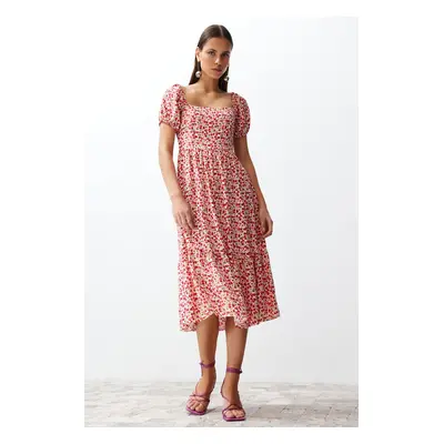 Trendyol Pink Floral Waist Opening Viscose Gimped Midi Woven Dress