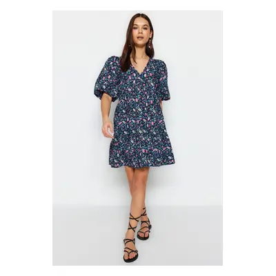 Trendyol Navy Blue Wide Cut Floral Print Mini Woven Dress