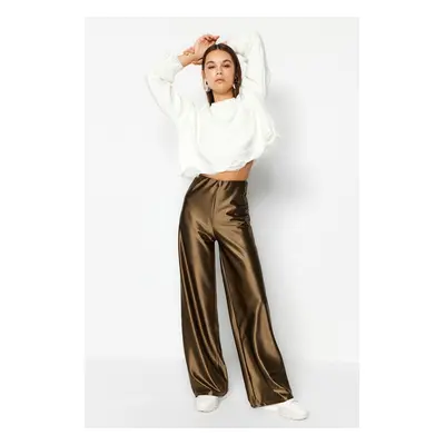 Pletené kalhoty Trendyol Khaki Premium Satin Wideleg/Wide Leg