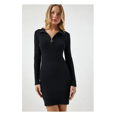 Happiness İstanbul Women's Black Zipper High Neck Ribbed Knitted Dress