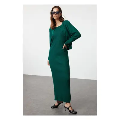 Trendyol Emerald Green Corded Knitwear Cardigan Dress Suit