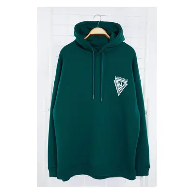 Trendyol Emerald Green Plus Size Hooded Oversize/Wide Cut Fleece Printed Sweatshirt