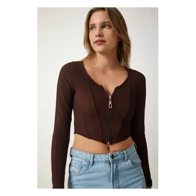 Happiness İstanbul Women's Brown Zipper Ribbed Crop Blouse