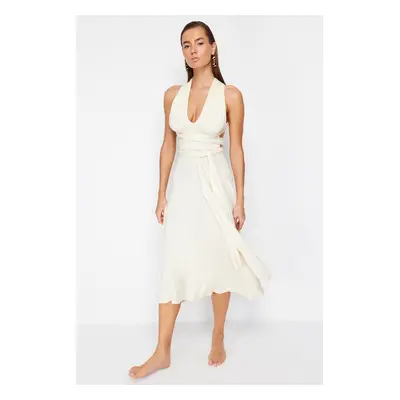 Trendyol Bridal Ecru Belted Maxi Knitted Tie Beach Dress