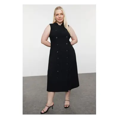 Trendyol Curve Black Buttoned Collar Midi Woven Plus Size Dress