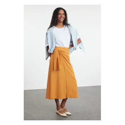 Trendyol Cinnamon Double Breasted Tie Detailed Woven Linen Look Skirt