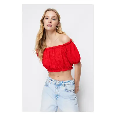 Trendyol Red Carmen Collar Wrap Crop Knitted Blouse