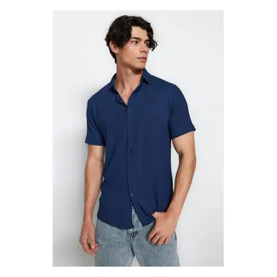 Trendyol Navy Blue Regular Fit Short Sleeve Summer Textured Crepe Knit Shirt