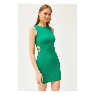 Olalook Women's Green Side Cut Out Detail Lycra Mini Dress