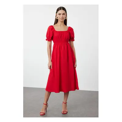 Trendyol Red Balloon Sleeve Midi Woven Dress