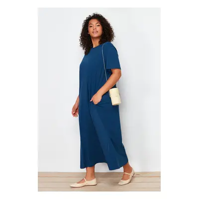 Trendyol Curve Navy Blue Midi 100% Cotton Knitted T-shirt Dress