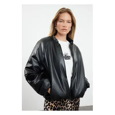 Trendyol Black Oversize Molded Faux Leather Quilted Puffer Jacket