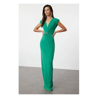 Trendyol Emerald Green Shiny Stone Buckle Detailed Knitted Long Evening Dress