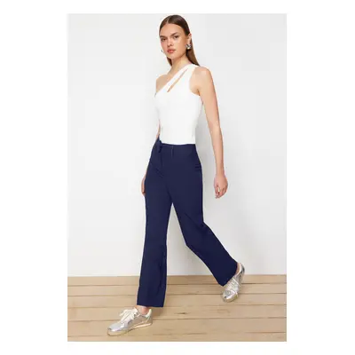 Trendyol Navy Blue Ribbed High Waist Straight Cut Woven Trousers