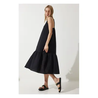 Happiness İstanbul Women's Black Strap Summer Loose Muslin Dress