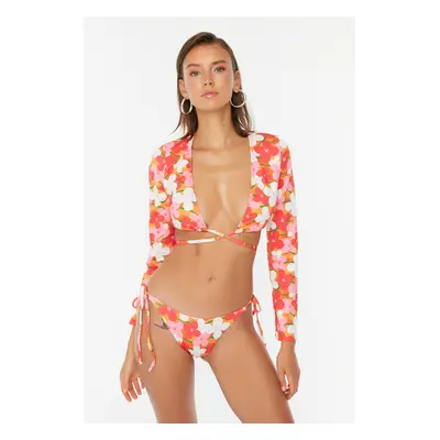 Trendyol Orange Floral Pattern Bikini Bottoms With Tie Detailed