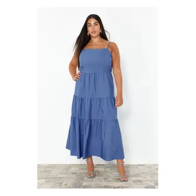 Trendyol Curve Blue Relaxed Adjustable Strap Long Woven Plus Size Dress