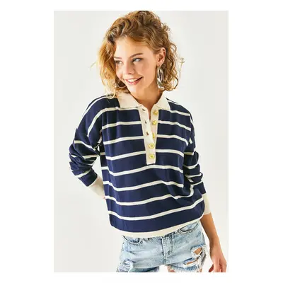 Olalook Women's Navy Blue Gold Buttoned Striped Polo Neck Knitwear Blouse