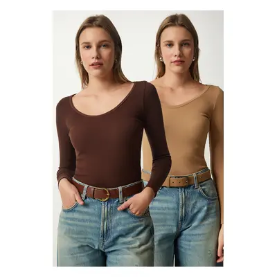 Happiness İstanbul Women's Dark Brown Biscuit V Neck 2-Pack Knitted Blouse