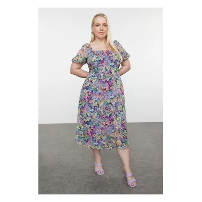 Trendyol Curve Pink Lined Chiffon Floral Square Neck Balloon Sleeve Woven Plus Size Dress