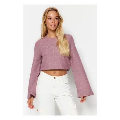 Trendyol růžový pletený crop top s kulatým výstřihem a španělskými rukávy