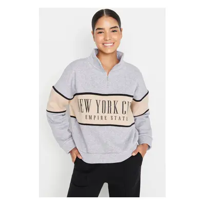 Trendyol Gray Melange Basic Printed Thick Inside Fleece Knitted Sweatshirt