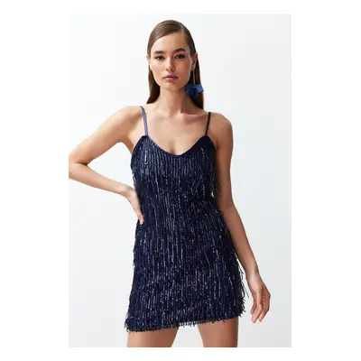 Trendyol Navy Blue Woven Sequin Short Elegant Evening Dress