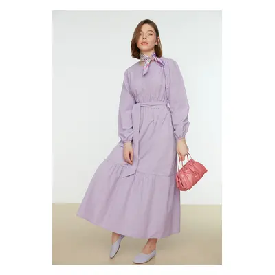 Trendyol Lilac Crew Neck Waist Belted Woven Dress