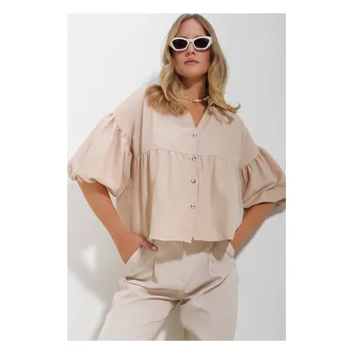 Trend Alaçatı Stili Women's Beige Balloon Sleeve Robe Gathered Kubra Cotton Crop Shirt