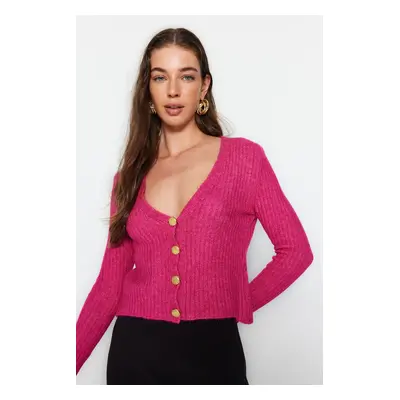 Trendyol Fuchsia Crop Pletený svetr s výstřihem do V