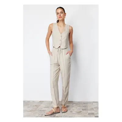 Trendyol Beige Elastic Waist Straight/Straight Cut Cotton Linen Woven Trousers