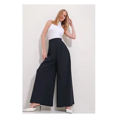 Trend Alaçatı Stili Women's Navy Blue High Waist Side Zipper Wide Leg Woven Trousers