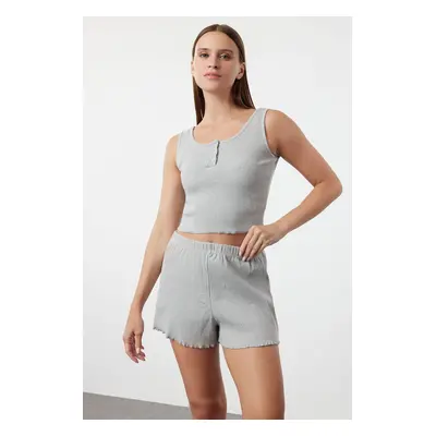 Trendyol Gray Melange Button Detailed Corded Cotton Undershirt-Shorts Knitted Pajama Set