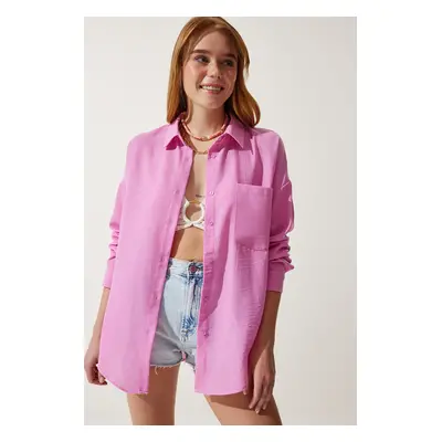 Happiness İstanbul Women's Light Pink Oversize Linen Ayrobin Shirt