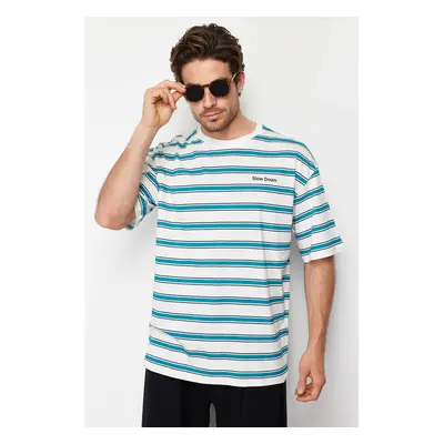 Trendyol Green Oversize Embroidered Striped 100% Cotton T-Shirt