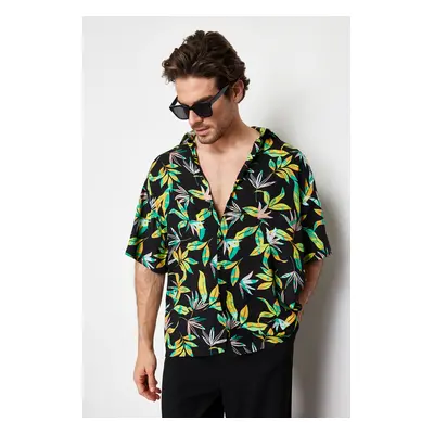 Trendyol Black Oversize Fit Leaf Printed 100% Viscose Short Sleeve Casual Summer Shirt