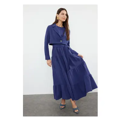 Trendyol Indigo Belted Dress Crop Jacket Woven Suit