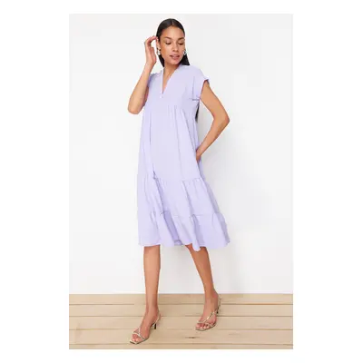 Trendyol Lilac Wide Cut V-Neck Skirt Asymmetric Flounce Aerobin Woven Dress