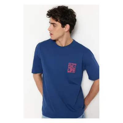 Trendyol Indigo Oversize/Wide Cut Crew Neck Text Printed T-Shirt