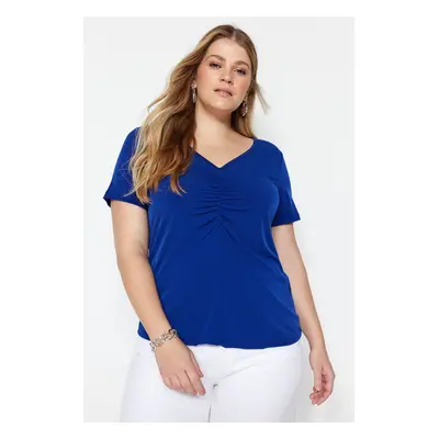 Trendyol Curve Sax Gathered Short Sleeve Knitted Blouse