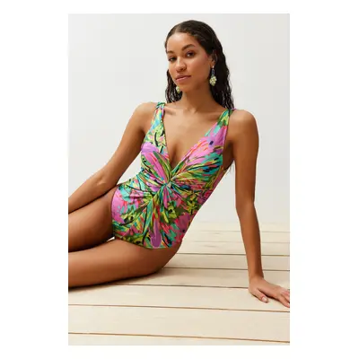 Trendyol Tropical Patterned Deep V Neck Knotted High Leg Regular Swimsuit