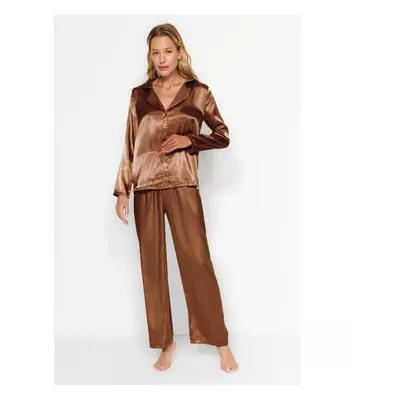 Trendyol Brown Satin Shirt-Pants Woven Pajamas Set