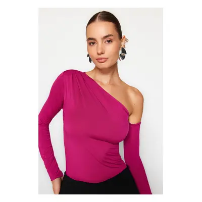 Trendyol Fuchsia Asymmetric Collar Long Sleeve Flexible Snaps Knitted Bodysuit