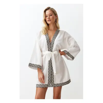 Trendyol White Belted Mini Woven Kimono & Kaftan