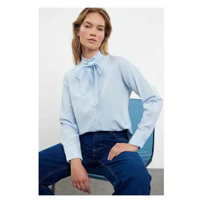 Trendyol Blue Regular Fit Woven Shirt with Closed Collar Ruffle Detail